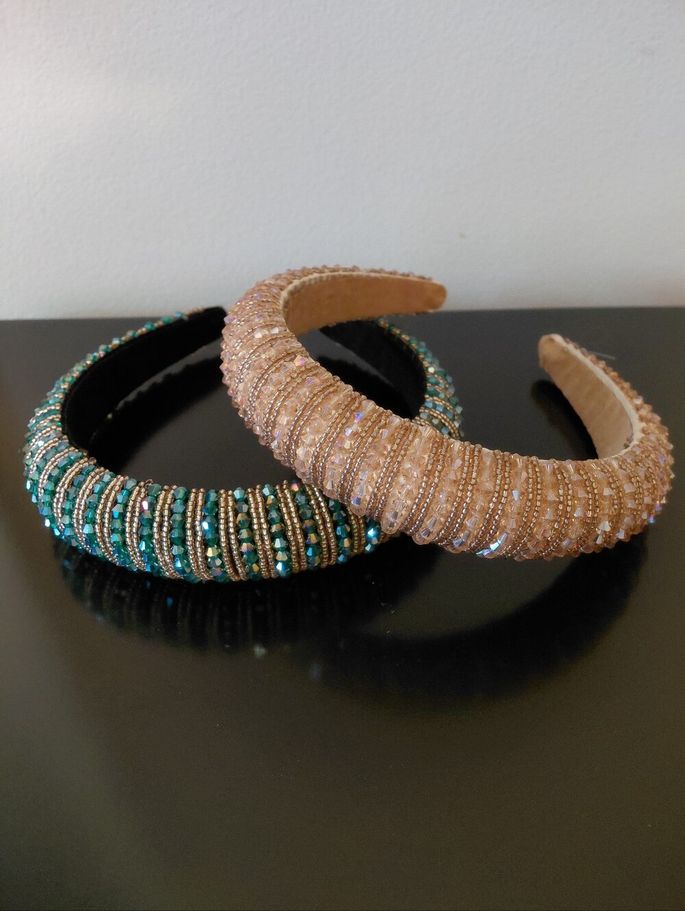 2 Satin Padded Beaded Bling Headbands In Gold And Green